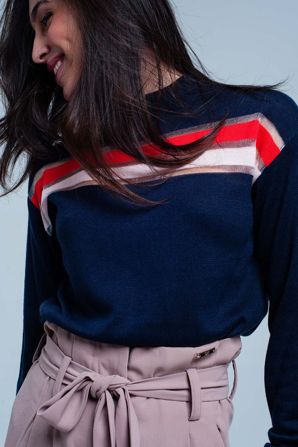 Camisola de malha fina azul marinho com listra transparente