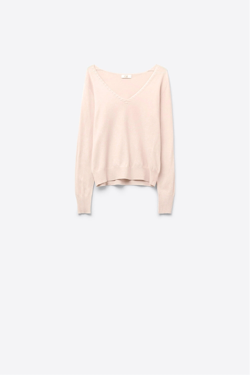 Q2 Camisola de malha fina com decote em V e pormenores decorativos no decote de cor bege