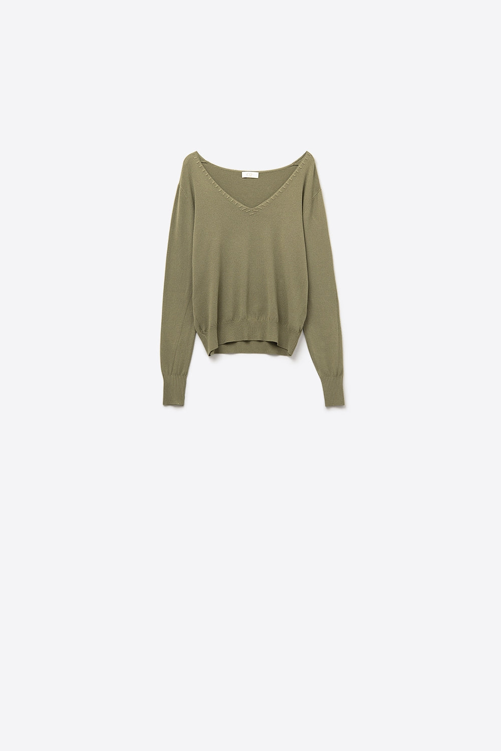Q2 Camisola de malha fina com decote em V e pormenores decorativos no decote em cor caqui