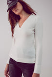 Camisola de malha fina com decote em V em creme