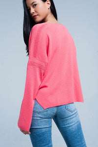 Q2 Camisola de malha fina coral com detalhes de brilho
