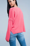 Q2 Camisola de malha fina coral com detalhes de brilho