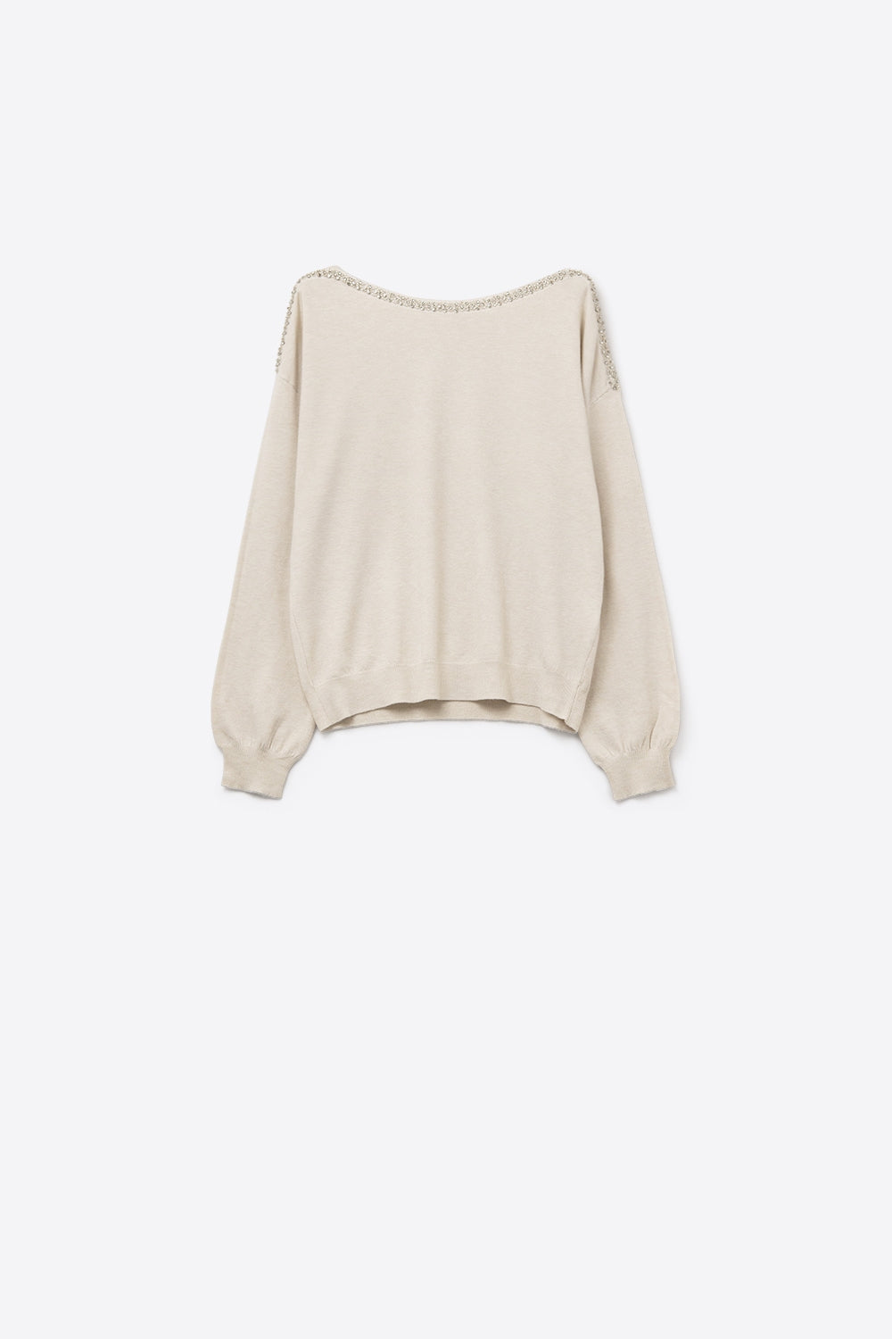 Q2 Camisola de malha fina creme com gola em barco e pormenor de strass