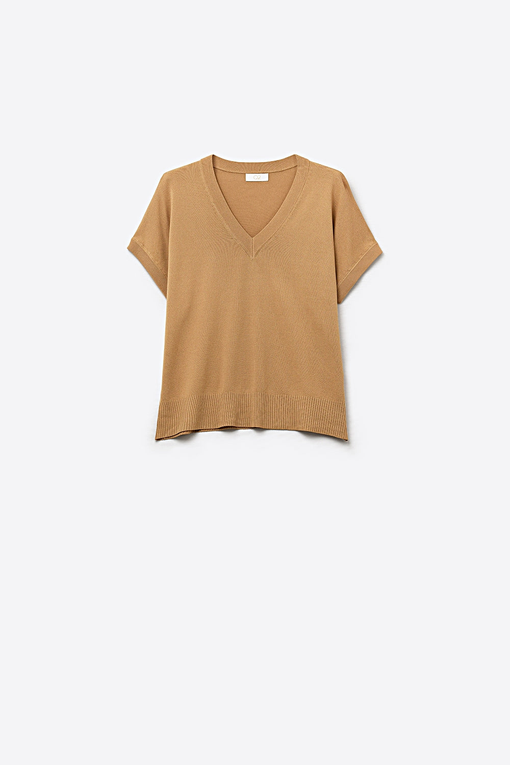 Q2 Camisola de malha fina e leve com decote em V largo em camel