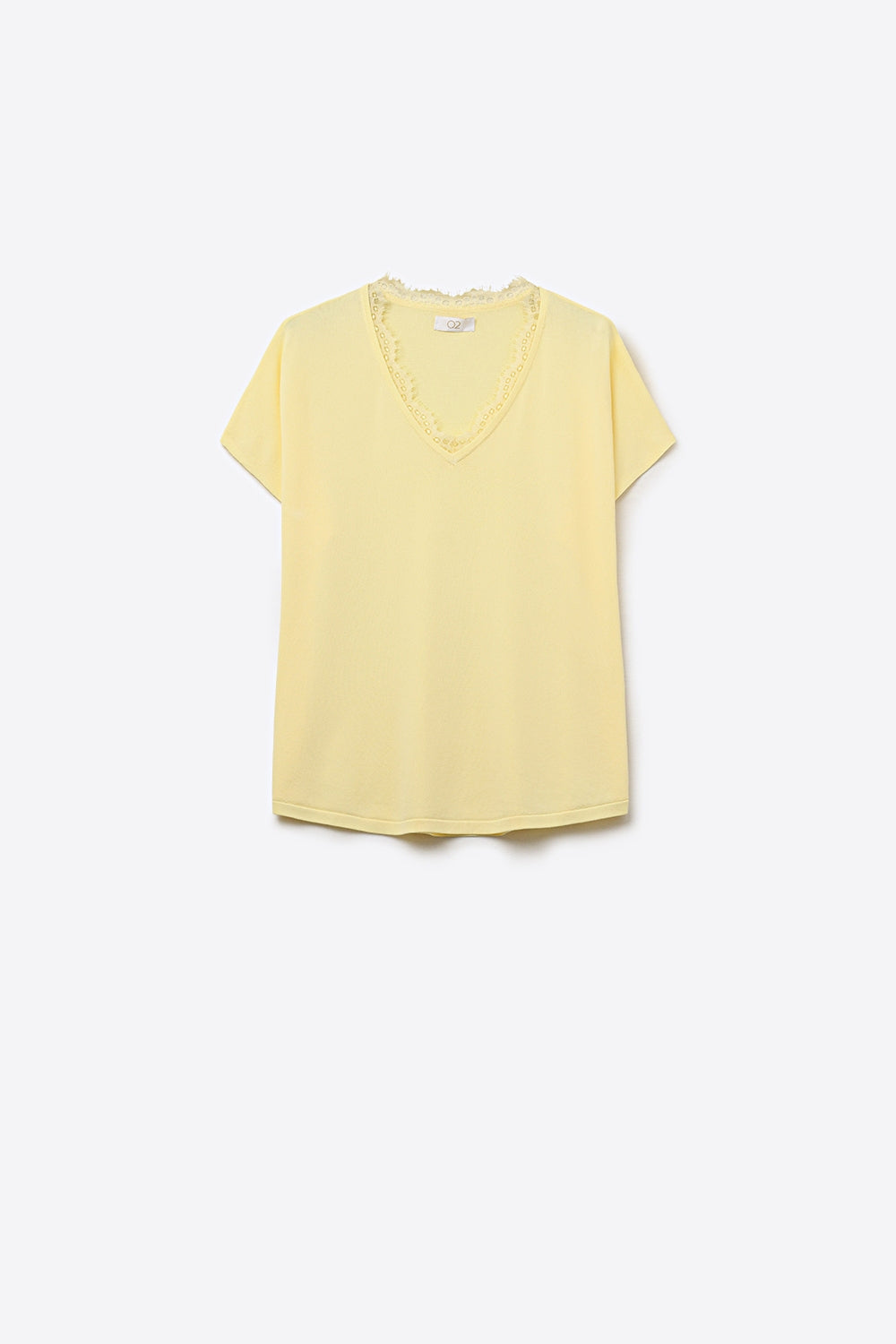 Q2 Camisola de malha fina e macia com decote em V e acabamento em renda em amarelo