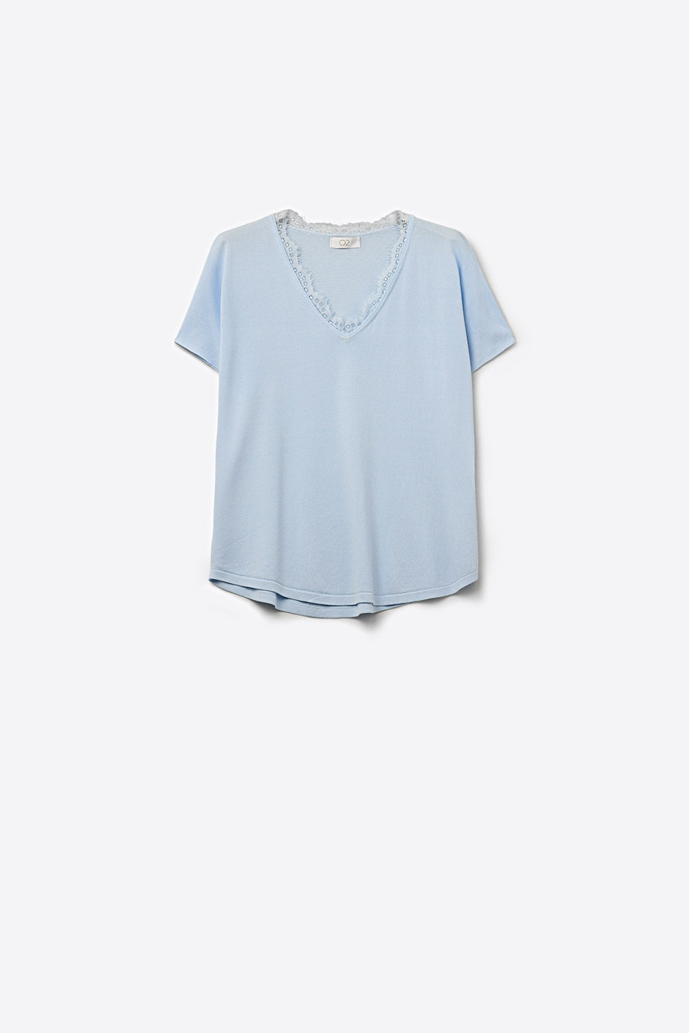 Q2 Camisola de malha fina e macia com decote em V e acabamento em renda em azul bebé