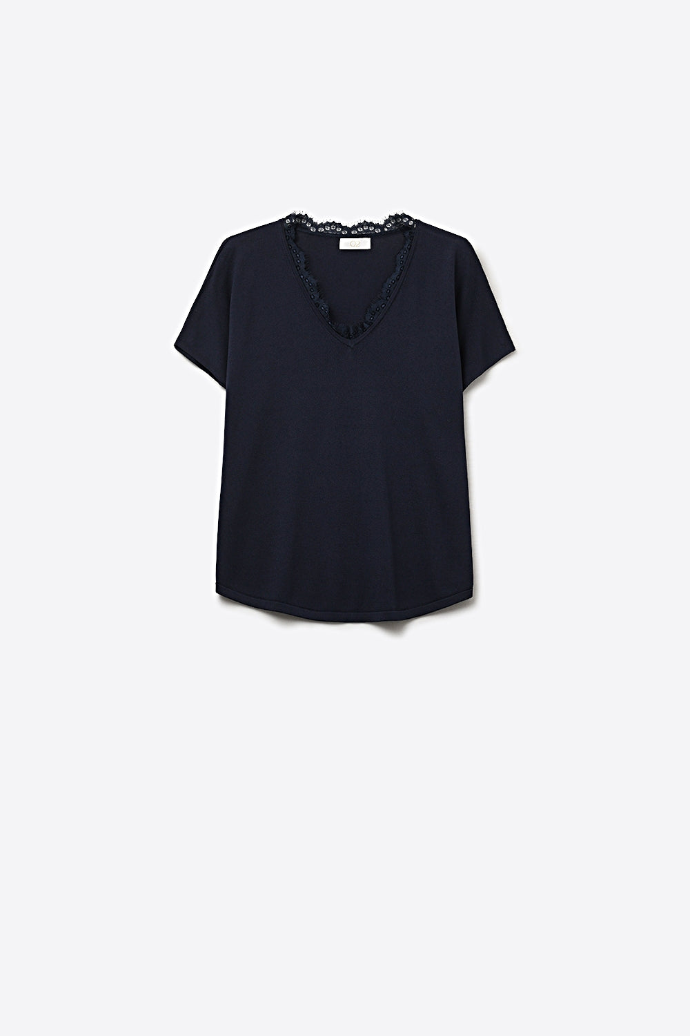 Q2 Camisola de malha fina e macia com decote em V e acabamento em renda em azul-marinho