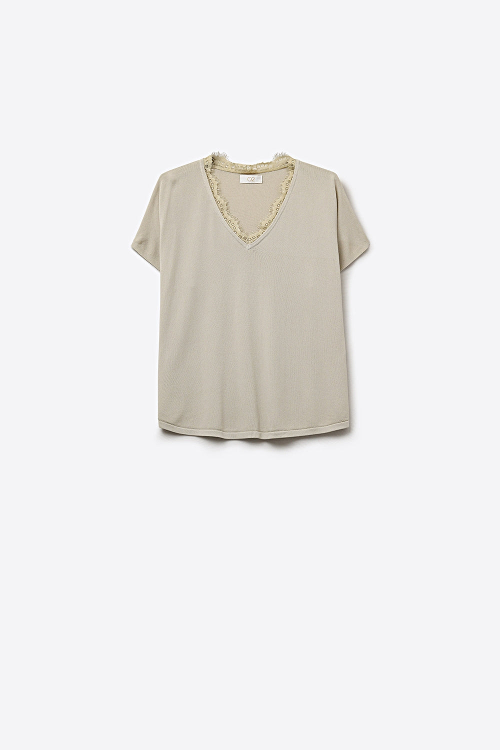 Q2 Camisola de malha fina e macia com decote em V e acabamento em renda em bege