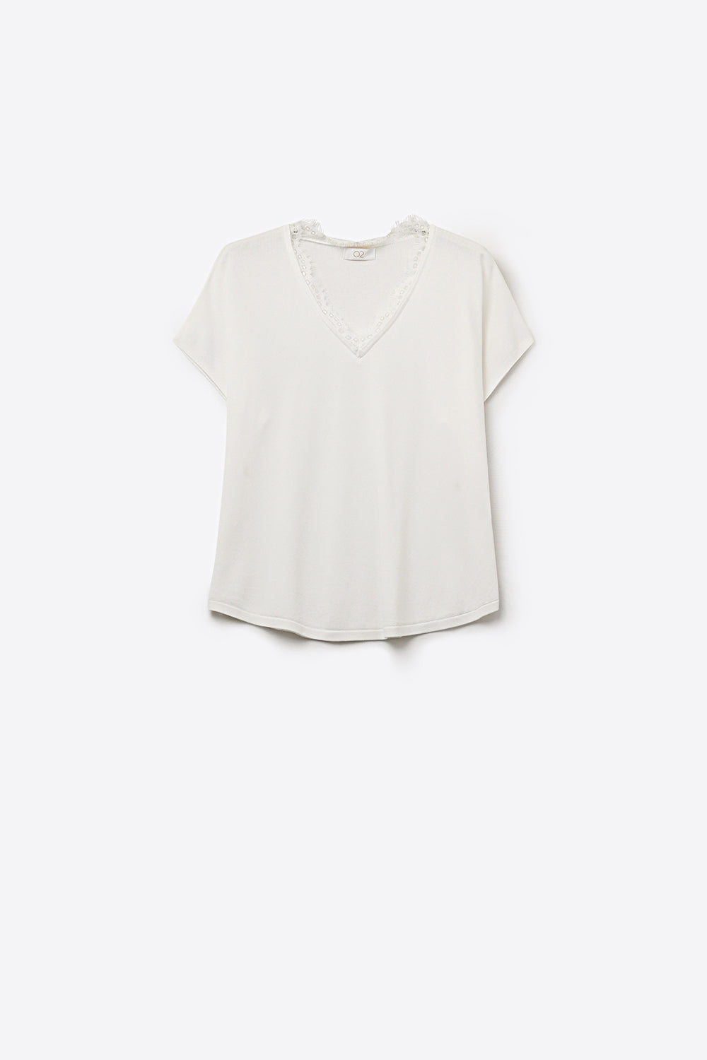 Q2 Camisola de malha fina e macia com decote em V e acabamento em renda em branco
