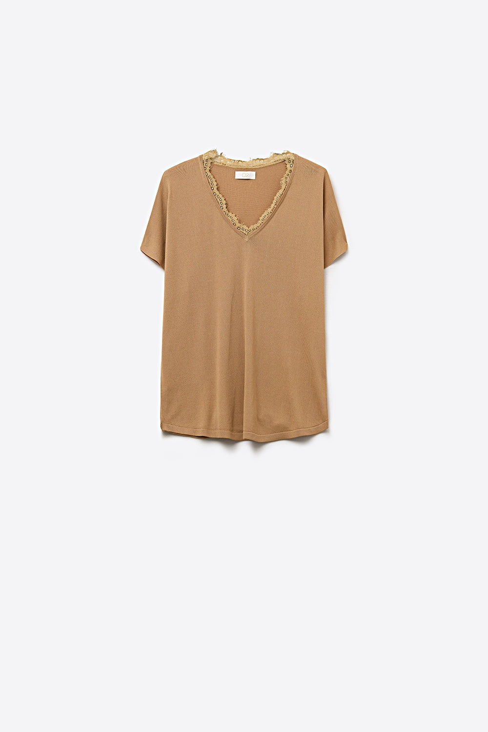 Q2 Camisola de malha fina e macia com decote em V e acabamento em renda em camel