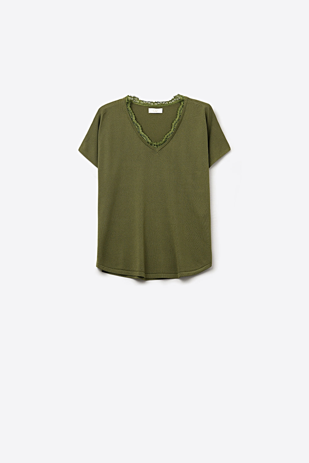 Q2 Camisola de malha fina e macia com decote em V e acabamento em renda em caqui
