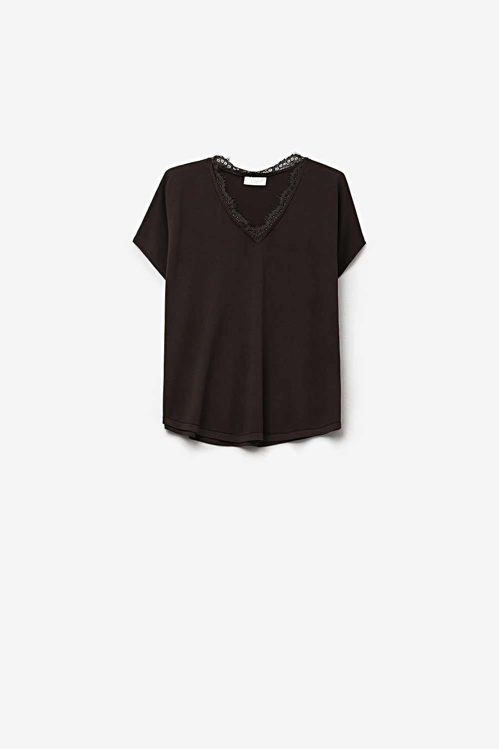 Q2 Camisola de malha fina e macia com decote em V e acabamento em renda em castanho