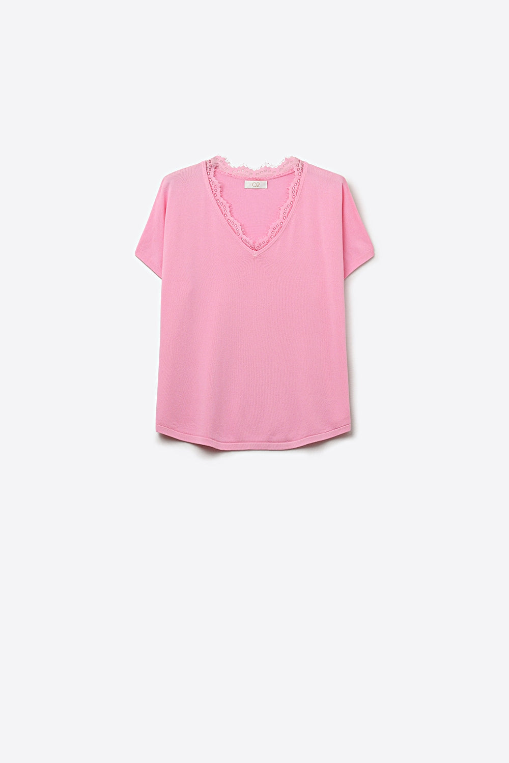 Q2 Camisola de malha fina e macia com decote em V e acabamento em renda em cor-de-rosa