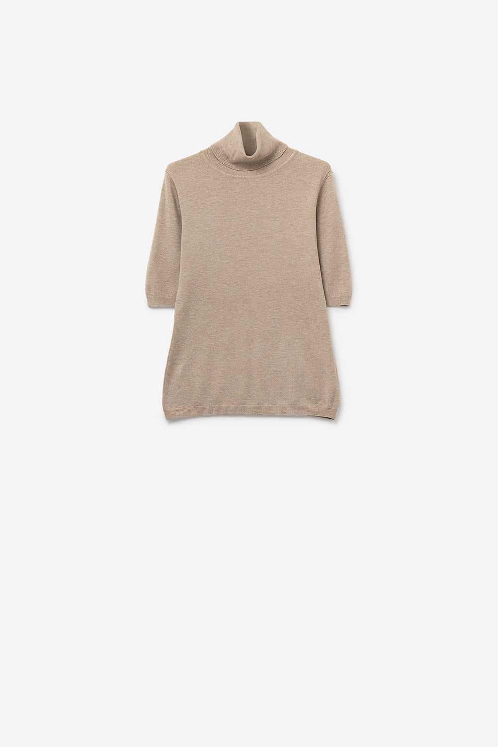 Q2 Camisola de malha fina em bege com gola alta e mangas até ao cotovelo