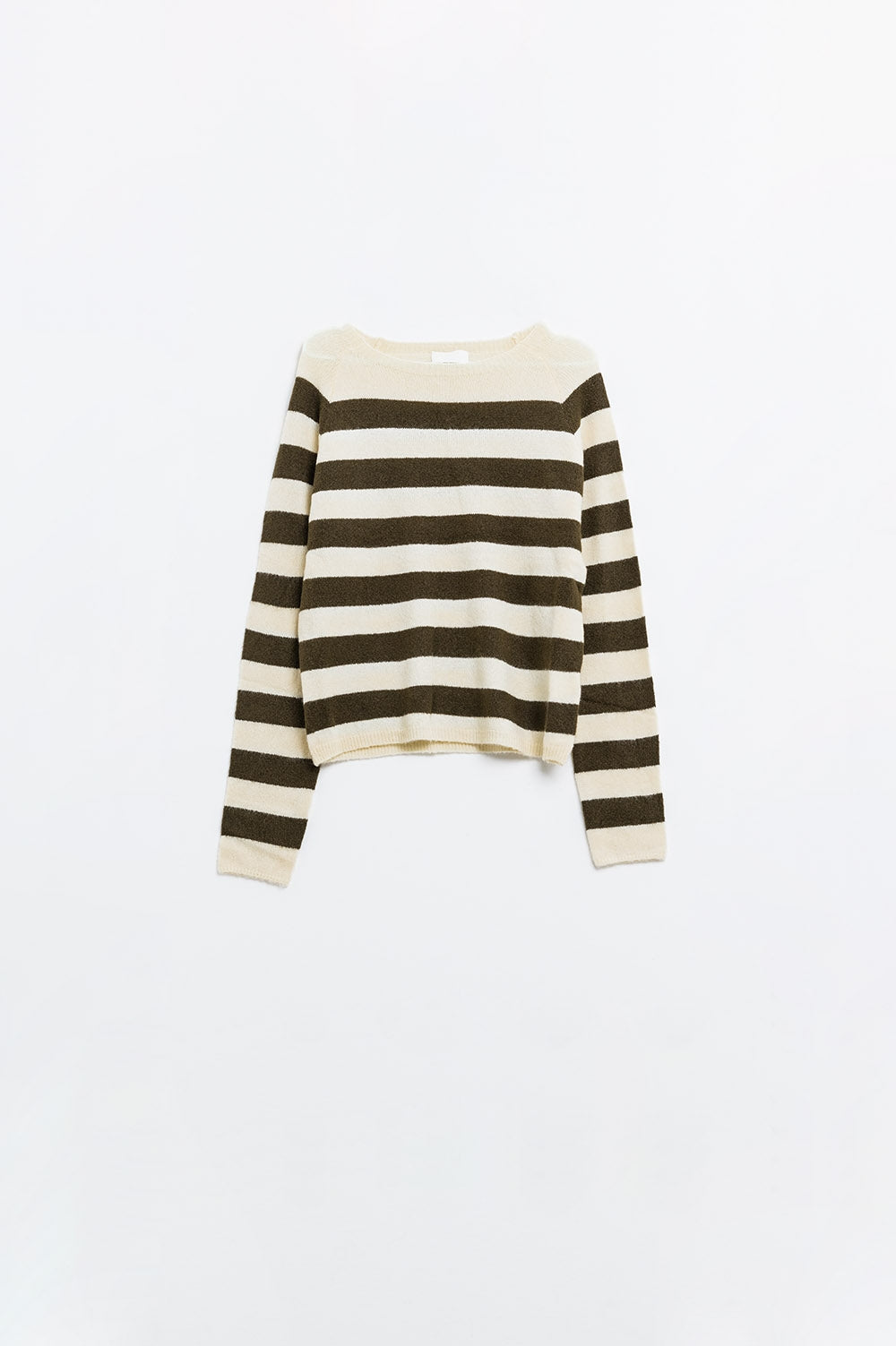 Q2 Camisola de malha fina em bege com riscas castanhas
