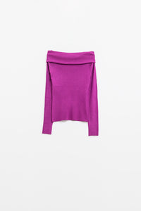 Q2 Camisola de malha fina fúcsia com gola redonda larga