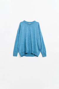 Camisola de malha fina solta em azul com gola redonda