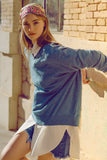 Q2 Camisola de malha fina solta em azul com gola redonda