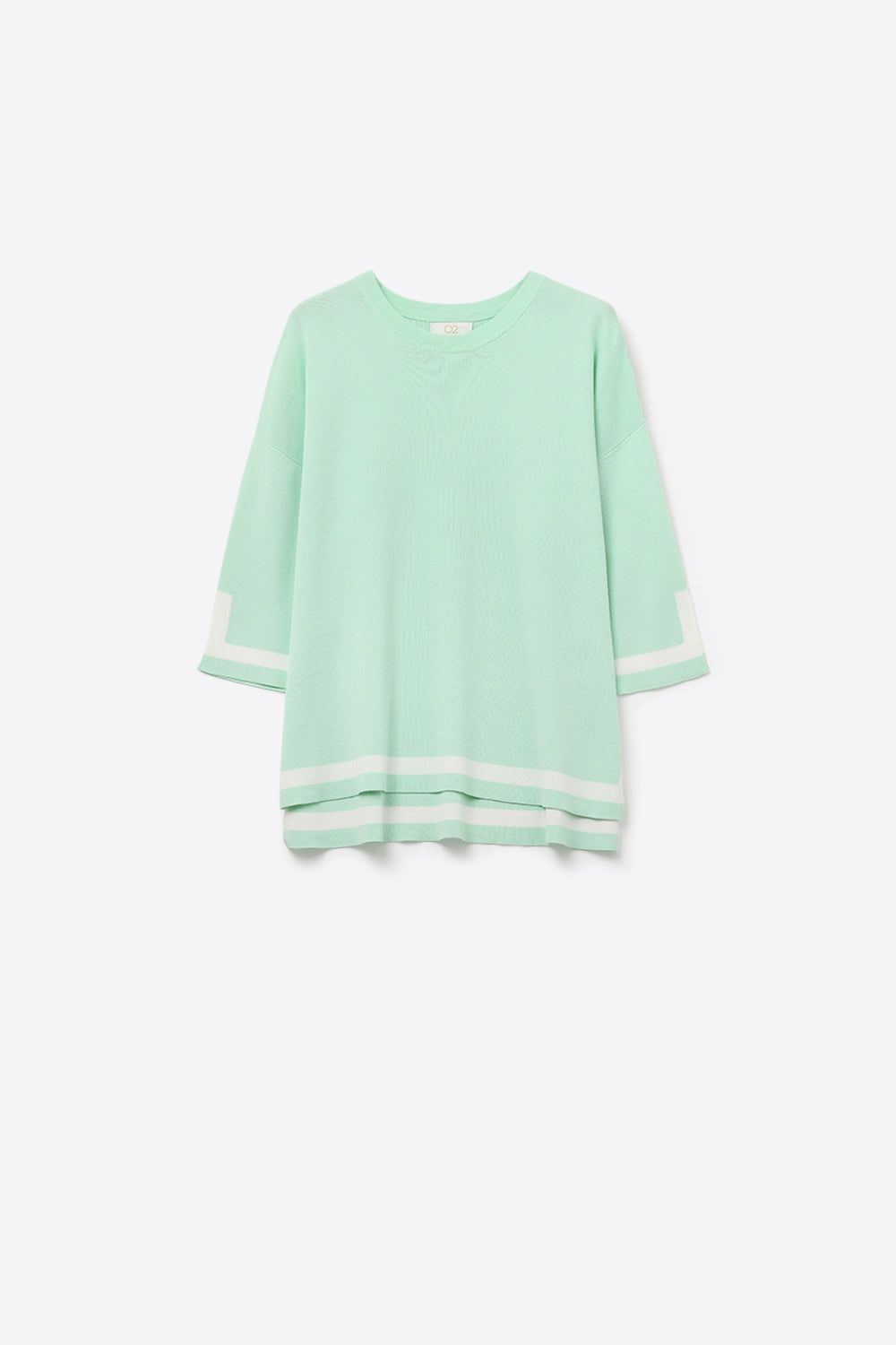 Q2 Camisola de malha fina verde menta com riscas contrastantes em pormenor branco e mangas 3/4