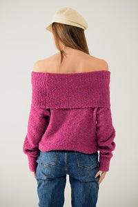 camisola de malha fofa com gola redonda em fúcsia