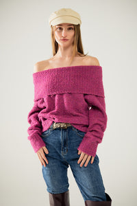 camisola de malha fofa com gola redonda em fúcsia