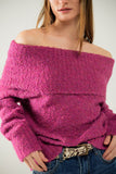 camisola de malha fofa com gola redonda em fúcsia