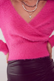 Camisola de malha fofa v pescoço em fuchsia
