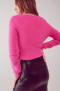Camisola de malha fofa v pescoço em fuchsia