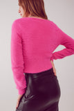 Camisola de malha fofa v pescoço em fuchsia