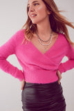 Q2 Camisola de malha fofa v pescoço em fuchsia