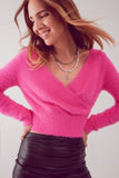 Camisola de malha fofa v pescoço em fuchsia
