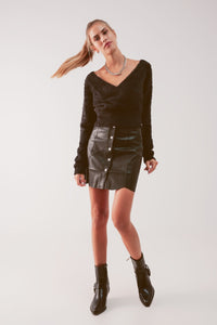 Camisola de malha fofa v pescoço em preto