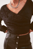 Camisola de malha fofa v pescoço em preto