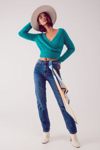 Camisola de malha fofa v pescoço em verde