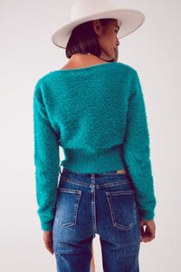 Camisola de malha fofa v pescoço em verde