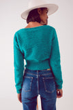 Camisola de malha fofa v pescoço em verde
