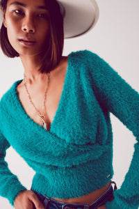 Q2 Camisola de malha fofa v pescoço em verde