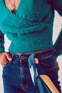 Camisola de malha fofa v pescoço em verde