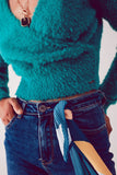 Camisola de malha fofa v pescoço em verde