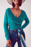 Camisola de malha fofa v pescoço em verde