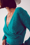 Camisola de malha fofa v pescoço em verde
