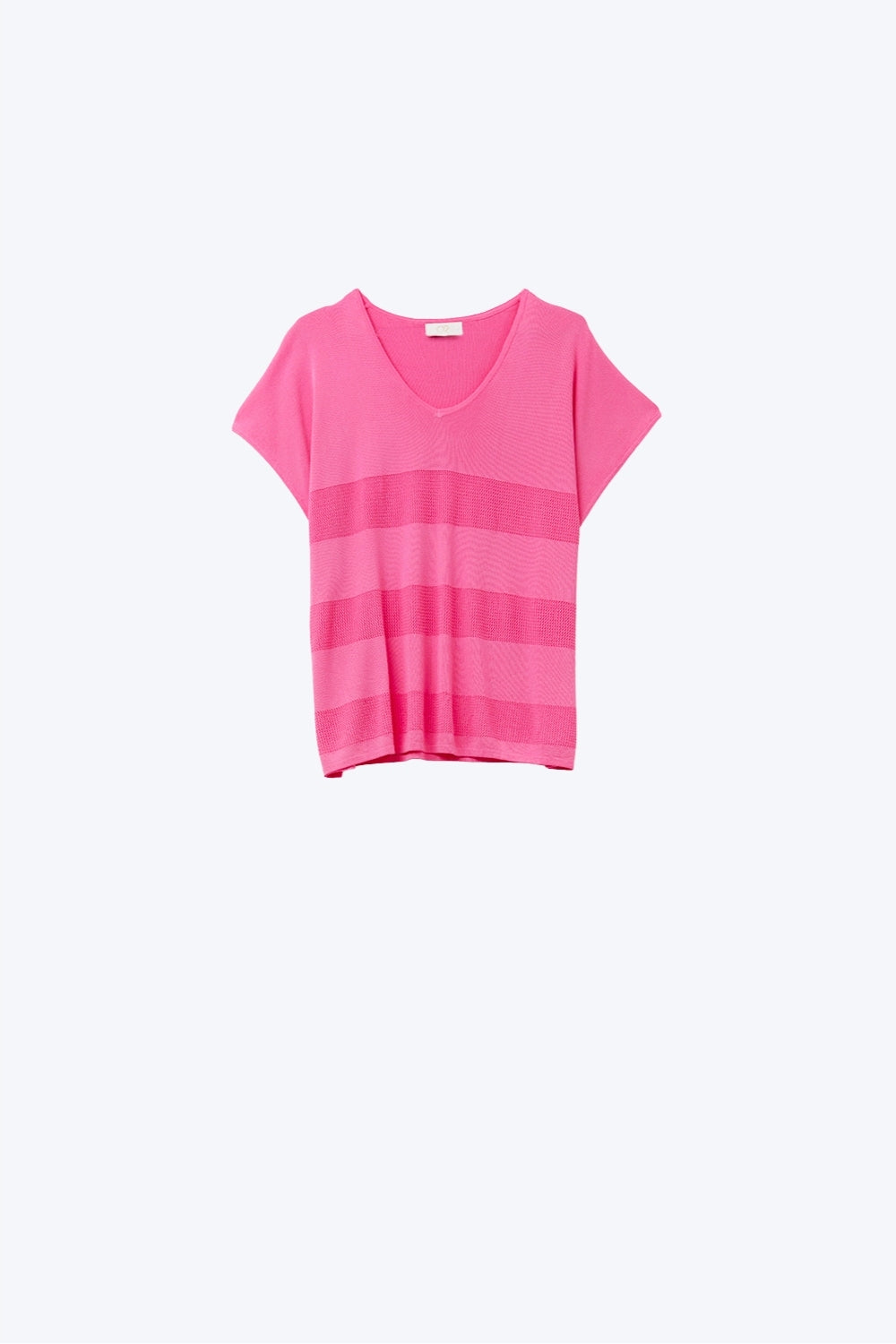 Camisola de malha fúcsia com decote em V e pormenor de ponto aberto