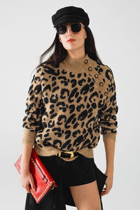 Q2 Camisola de malha leopardo com botões de lado