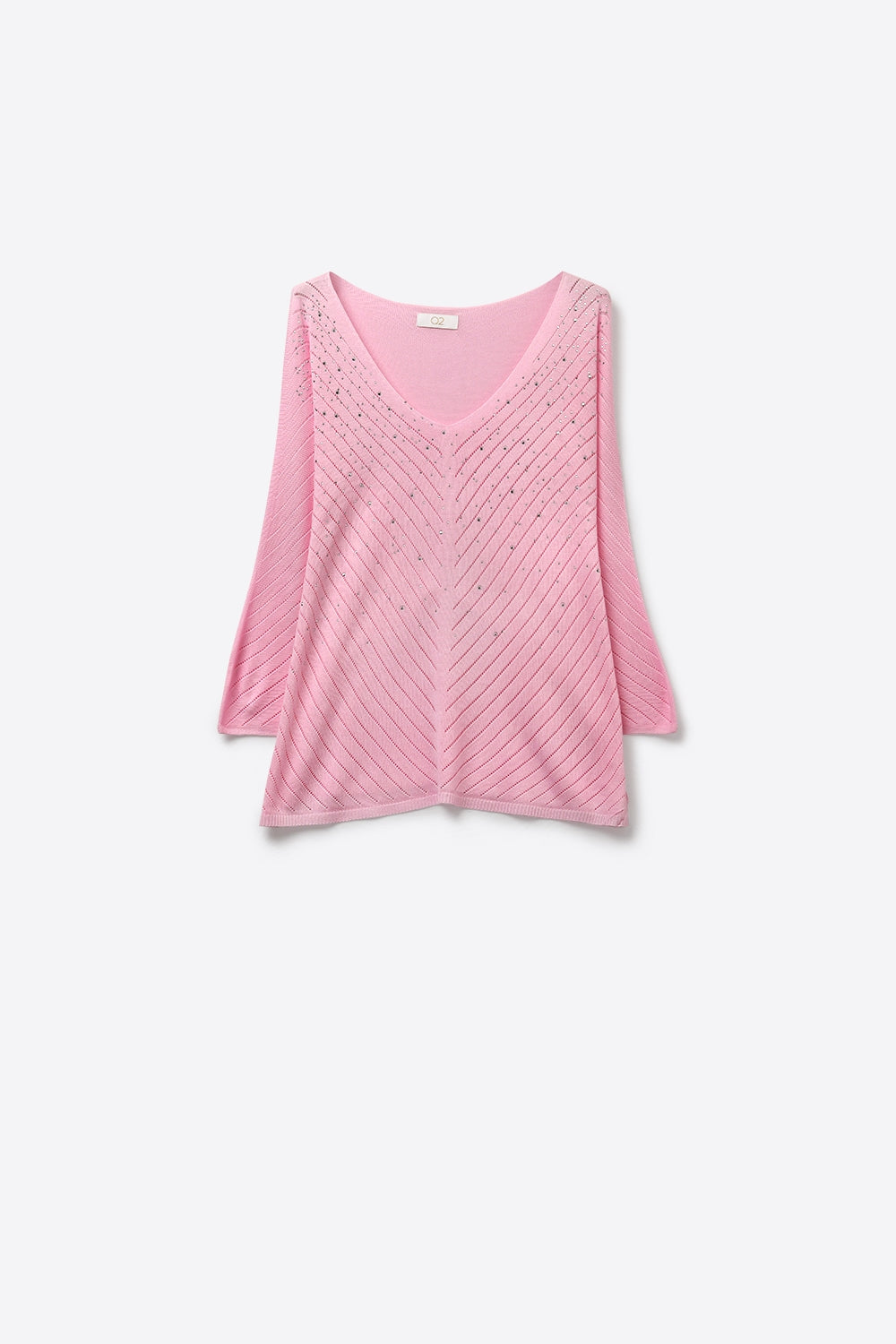 Q2 Camisola de malha leve com decote em V rosa e pormenores de missangas