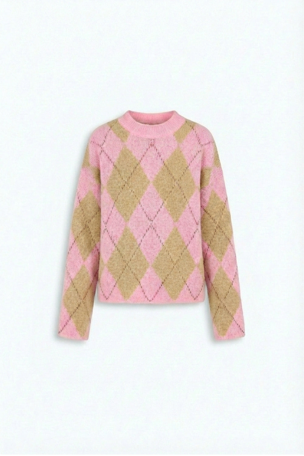 Camisola de malha losangos cor-de-rosa em verde suave com contraste