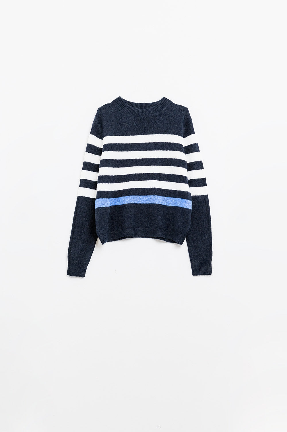 Q2 Camisola de malha macia azul-marinho com riscas brancas