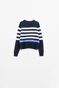 Q2 Camisola de malha macia azul-marinho com riscas brancas