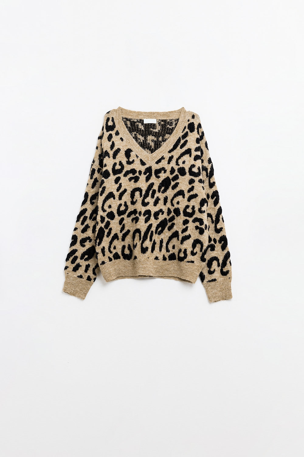 Q2 Camisola de malha macia com decote em V e estampado de leopardo
