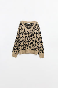 Q2 Camisola de malha macia com decote em V e estampado de leopardo