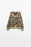 Q2 Camisola de malha macia com decote em V e estampado de leopardo